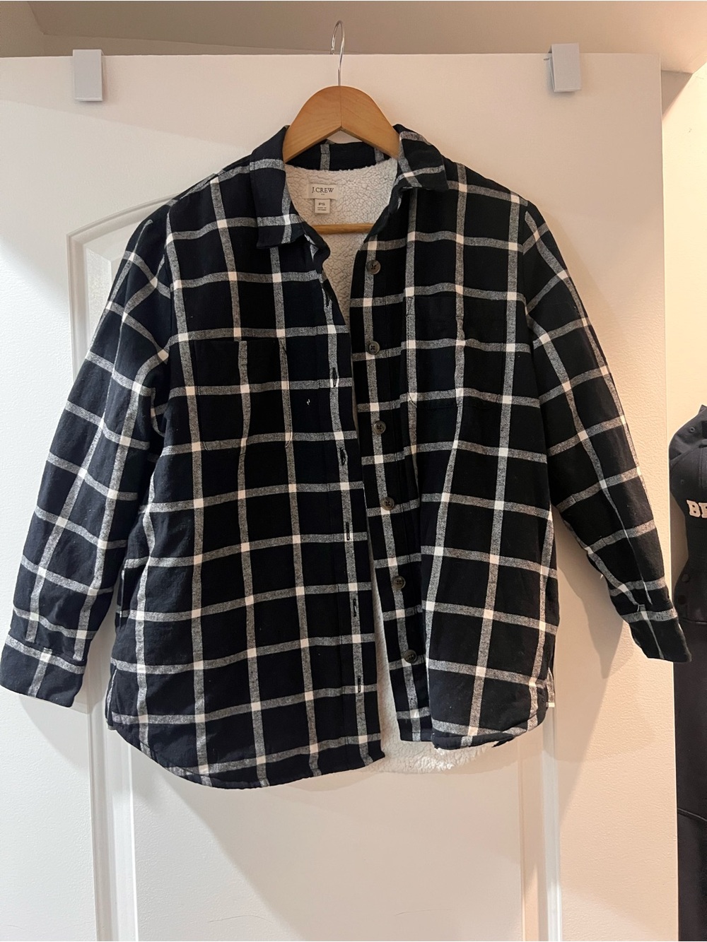 J. Crew Black and White Plaid Sherpa-Lined Shirt Jacket
